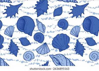 Seamless marine pattern with hand drawn seashells in various blue tones over a wavy striped background. Nautical, fresh, and ideal for summer themed projects. Vector illustration