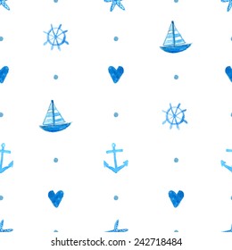 Seamless marine pattern with hand painted watercolor ships, sea stars, fish and shells. Vector repeating texture. Background for greeting cards, invitations, kids party decorations