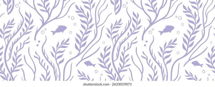 Seamless marine pattern with hand-drawn fish and seaweed in soft purple line art. Perfect for ocean-themed designs, fabrics, and wallpapers. Elegant underwater botanical illustration.