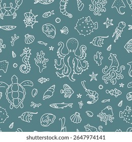 Padrão marinho perfeito com ilustrações desenhadas à mão de polvo, tartaruga, cavalo marinho, peixe, coral, conchas marinhas, lula e criaturas subaquáticas. 