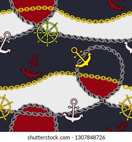 Seamless marine pattern of individual elements on red and blue background.