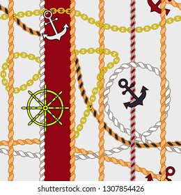 Seamless marine pattern of individual elements on red and white background. Sea anchors, chains, rudders, ropes.