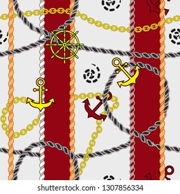 Seamless marine pattern of individual elements on red and white background. Sea anchors, chains, rudders, ropes.