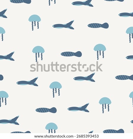 Seamless marine pattern with jellyfish and fish on light background. Flat blue tones on off-white, suitable for children’s textiles, eco packaging, wallpaper and decor