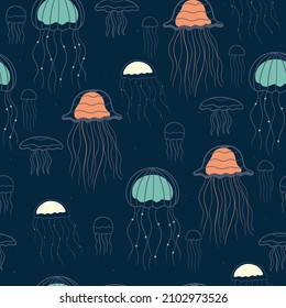 Seamless marine pattern with jellyfish. Vector graphics.