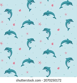 Seamless marine pattern jumping dolphin with seashells and starfish. Color vector illustration.