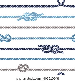 Seamless marine pattern with knots and rope. Vector sea illustration with rope ornament and nautical knots.