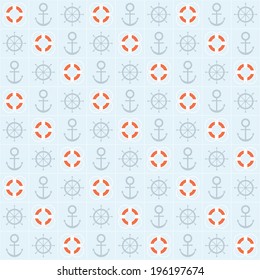 Seamless marine pattern with lifebuoy, anchor and handwheel. Vector image.