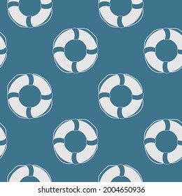 Seamless marine pattern. Lifebuoy on a blue background.