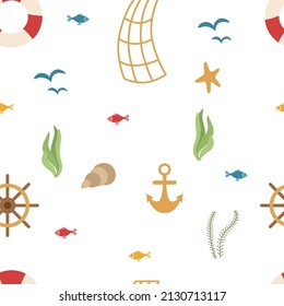 Seamless marine pattern with lifebuoy, steering wheel, anchor, algae on a white background. Vector illustration of sea voyages for printing on paper or fabric, packaging