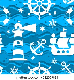 Seamless marine pattern with lighthouse, sailboat, anchor, rudder and starfish