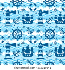 Seamless marine pattern with lighthouse, sailboat, anchor, rudder and starfish