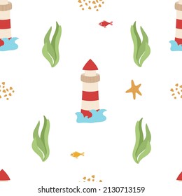 Seamless marine pattern with a lighthouse, sand and algae on a white background. Vector illustration of sea voyages for printing on paper or fabric, packaging