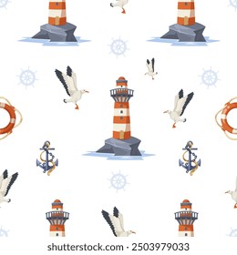 Seamless marine pattern with lighthouses, seagulls, and anchors. Vector illustration