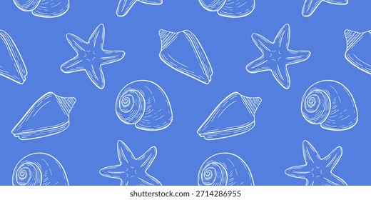 Patrón marino sin fisuras con línea de dibujo de conchas marinas y estrellas de mar sobre fondo azul. Impresión caprichosa del diseño costero para la materia textil del verano, Fondo de pantalla dibujado a mano.