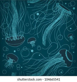 Seamless marine pattern with medusas. Ocean background. Vector illustration