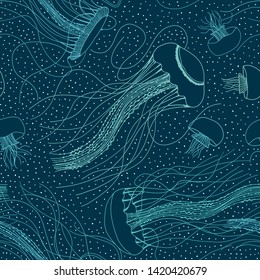 Seamless marine pattern with medusas. Ocean background. Vector drawn texture