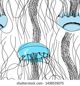 Seamless marine pattern with medusas. Ocean background. Vector art texture