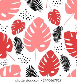 seamless marine pattern with monstera and palm tree branch