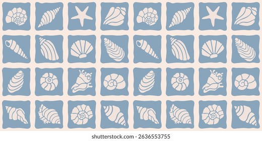 Seamless marine pattern in mosaic style. Hand drawn simple seashells. Vector summer print