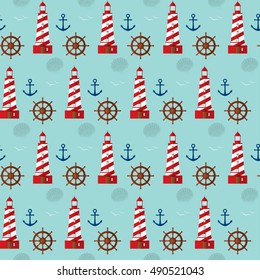 seamless marine pattern nautical sea lighthouse anchor shell birds rudder blue red white brown background wallpaper textiles vector 