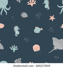 Seamless marine pattern on a dark background. Jellyfish, stingray, seahorse, fish, starfish, corals, octopus. Vector illustration. Underwater world