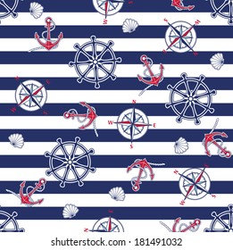 Seamless marine pattern on striped background. Vector illustration