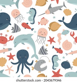 Patrón marino sin foco sobre un fondo blanco. Mundo submarino. Delfín, tiburón, ballena, pez espada, caballito de mar, medusas, pulpo, cangrejo, pescado, pez estrella, conchas. Ilustración del vector