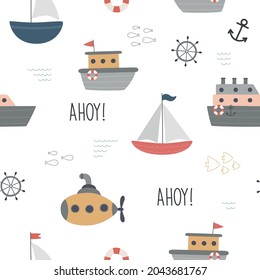 Seamless marine pattern on a white background. Boat, steamer, sailboat, waves, fish, anchor, steering wheel, lifebuoy. Vector illustration. Sea transport