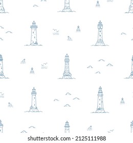 Seamless marine pattern with outline blue lighthouses on white. Nautical background. Vector illustration