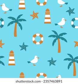 Seamless marine pattern. Palm, seagull, lighthouse and lifebuoy 