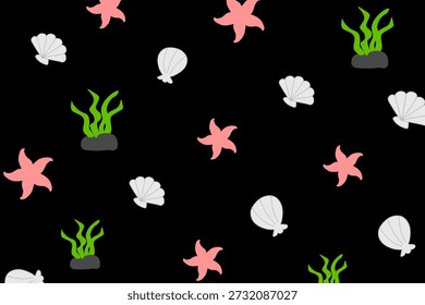 Padrão marinho sem costura com estrela-do-mar rosa, conchas brancas e algas verdes em um fundo preto. Ilustração vetorial plana simples para tecido, papel de parede e decoração náutica.
