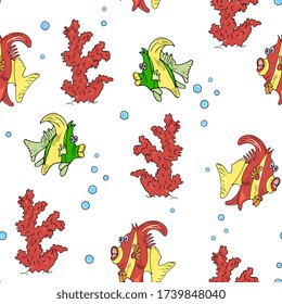 Seamless marine pattern with red and green fish and corals. Hand drawing, sketch. Scuba diving, coral reef.
