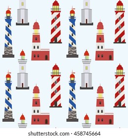 Seamless marine pattern with red, white and blue lighthouses on light background.