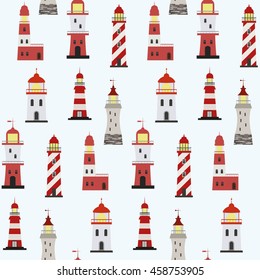 Seamless marine pattern with red and white  lighthouses on light background.