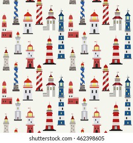 Seamless marine pattern with red, white and blue lighthouses on light background.