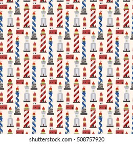 Seamless marine pattern with red, white and blue lighthouses on light background.