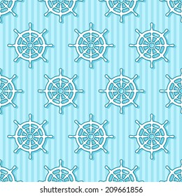 Seamless marine pattern with rudder on blue striped background