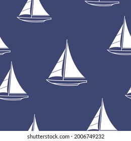 Nahtlose Muster mit Segelboot. Design für Mode, Stoff, Web, Tapete, Umhüllung und alle Drucke auf monoton-blauem Meereshintergrund. Vektorgrafik.