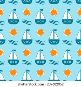 Seamless marine pattern with sailboat on blue background