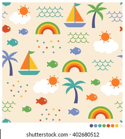 Seamless marine pattern with sailboat, palm tree, fish, wave, rainbow, cloud and sun for kids style design