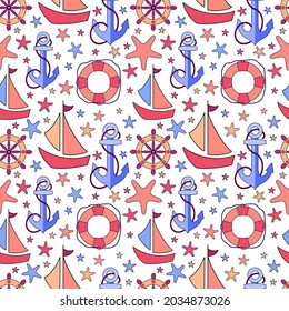 Seamless marine pattern with sailing ships, anchors, starfish, steering wheels. For wallpaper, fabric, packaging, banners. Vector illustration.
