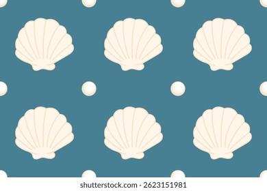 Seamless marine pattern with scallop shells and pearls on a turquoise background. Ideal for summer packaging, fabric prints, and coastal-themed decor.

