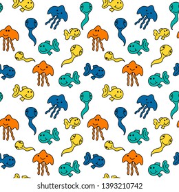 Seamless marine pattern. Sea, fish, jellyfish, worm. The underwater world.