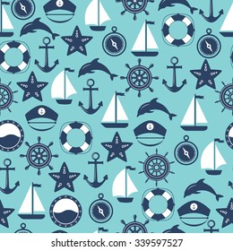 Seamless marine pattern. Sea and nautical backgrounds. Marine background. Set of sea and nautical decorations. Vector illustration. Set of flat marine elements. 