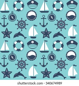 Seamless marine pattern. Sea and nautical backgrounds. Marine background. Set of sea and nautical decorations. Vector illustration. Set of flat marine elements. 