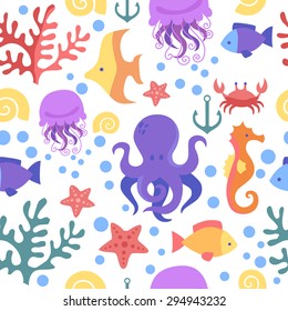 Seamless marine pattern. Sea, octopus, crab, corals, fish, anchor, starfish, seahorse. The underwater world.