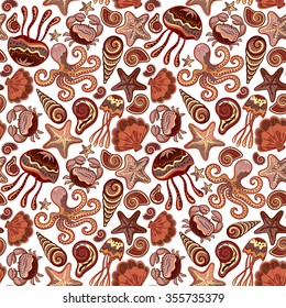 Seamless marine pattern. Sea, octopus, crab, starfish, shells. The underwater world. Vector illustration. Marine background. Children backdrop.