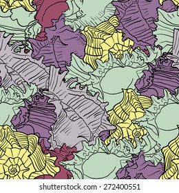 Seamless marine pattern with sea shells. Colorful vector illustration.