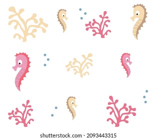 seamless marine pattern with seahorses and corals